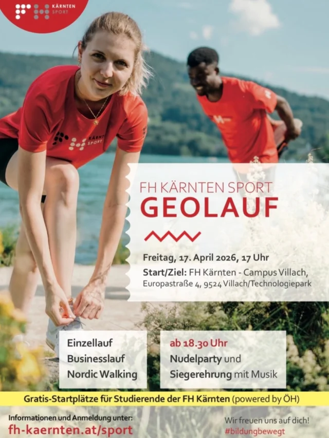 **//** For English, see below **//** Lauft ihr mit? 🏃 Der FH Kärnten Geolauf findet am 17. April um 17 Uhr am Campus Villach statt – 7 km, danach Nudelparty & Aftershow mit DJ Etschi. Als FH-Studierende ist der Startplatz für euch gratis (powered by ÖH 🙌) Informationen und Anmeldung unter: fh-kaernten.at/sport **//***///***//** Running with us? 🏃 The FH Kärnten Geolauf is on April 17 at 5pm at Campus Villach – 7 km, followed by a pasta party & aftershow with DJ Etschi. FH students get in free, courtesy of your ÖH 🙌 Information and sign up: fh-kaernten.at/sport