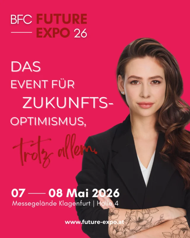 2 Tage. 90 Impulse. Unzählige neue Perspektiven. Du willst deine Zukunft gestalten? Am 7. & 8. Mai veranstaltet das @business_frauen_center in Kooperation mit den @kaerntnermessen die BFC FUTURE EXPO. Das bedeutet: ⚡ 2 Tage Empowerment 🎤 90 inspirierende Impulse 🌟 Top Speaker*innen 🏢 40 Aussteller*innen 🌍 International Corner 🤝 Mehr als eine Job- und Karrieremesse Kurz gesagt: Auf der BFC FUTURE EXPO triffst du zwei Tage lang auf Menschen, die etwas bewegen wollen – aus Unternehmen, Start-ups, Bildung, Kreativszene und der internationalen Community. 📅 7.–8. Mai 2026 📍 Messegelände Klagenfurt – Halle 4 🎟 Tickets: 49 € für 2 Tage – und für alle bis 25 Jahre gratis Zutritt!