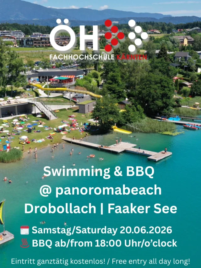☀️ Summer vibes am Faaker See! Kommt vorbei zum ÖH Swimming & BBQ im panoramabeach Drobollach. 🌊🔥 📅 Samstag, 20.06.2026 🔥 BBQ ab 18:00 Uhr 🎟️ Eintritt ganztägig kostenlos! Wir freuen uns auf einen entspannten Sommerabend mit euch! Kommt gerne auch vor 18 Uhr und Start des BBQ. Anmeldung mit 5€ Gebühr via https://app.guestoo.de/public/event/9dc622cc-0db0-42c3-9962-20d9d1de59ab?lang=de ‐-------------------------------------------------------- ☀️ Summer vibes at Lake Faak! Join the FH Kärnten Swimming & BBQ at panoramabeach Drobollach. 🌊🔥 📅 Saturday, June 20, 2026 🔥 BBQ from 6:00 PM 🎟️ Free entry all day long Looking forward to an amazing summer evening with all of you! You can of coure also arrive before 6:00 p.m. Registration with 5€ fee via https://app.guestoo.de/public/event/9dc622cc-0db0-42c3-9962-20d9d1de59ab?lang=de #fhkaernten #oehfhkärnten #summer #bbq #faakersee